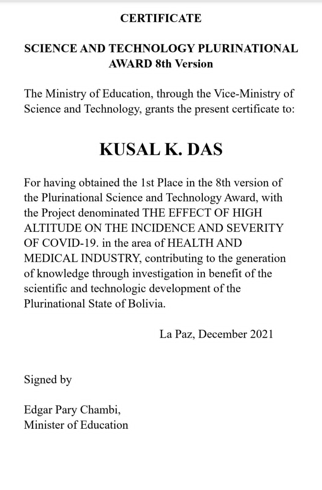 International Award for Dr Kushala Das