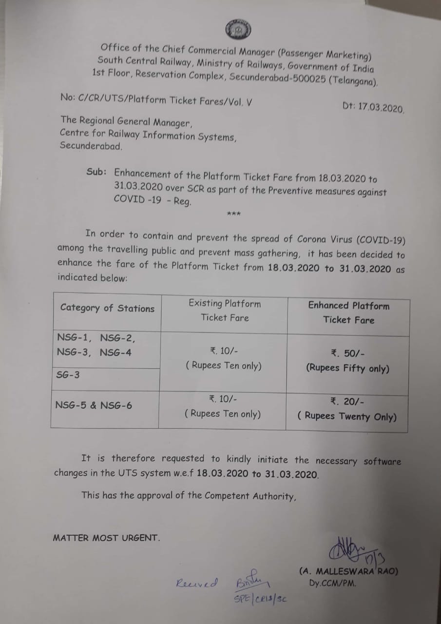 Railway plat form ticket rate increased