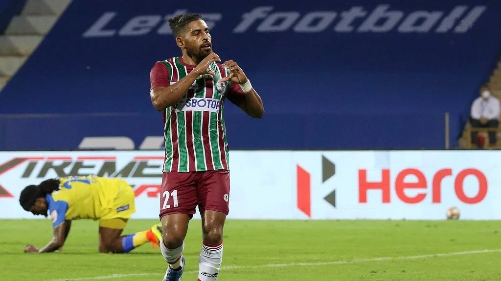 Roy Krishna celebrates after scoring the winner for ATK Mohun Bagan.