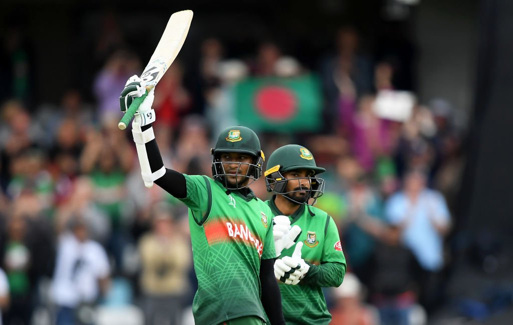 Shakib-Al-Hasan acknowledges fans after completing his 9th ODI ton.