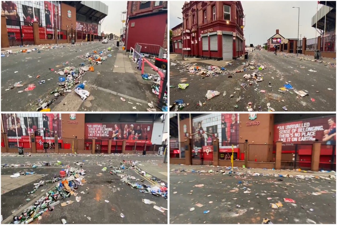 Alcohol bottles, plastic, festoons and papers have littered the road in Liverpool.