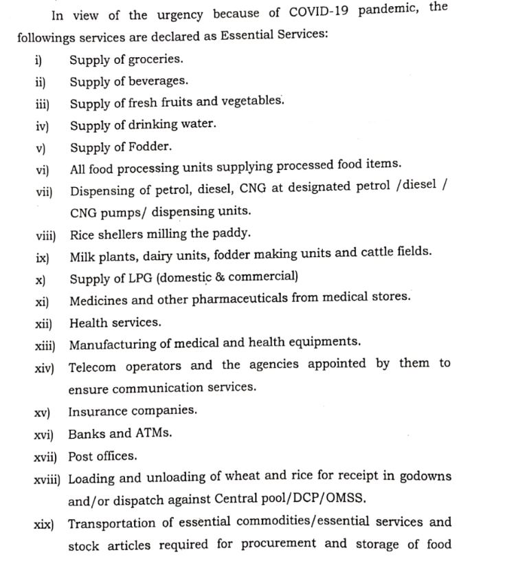 Copy of the order issued by the Government of Punjab underlining the essential services that will remain operational during the lockdown