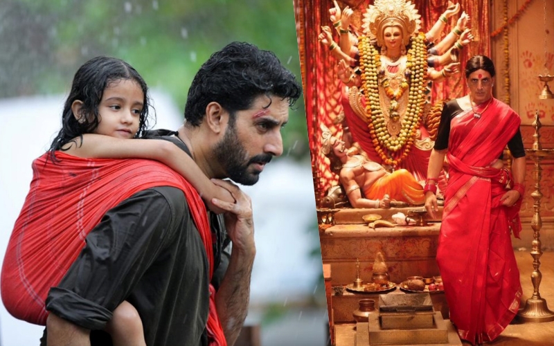 Abhihsek Bachchan with child actor Inayat Verma in a still from Ludo while Akshay Kumar in a still from Laxmii