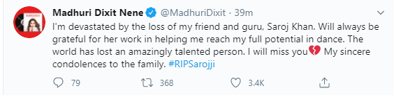 madhuri dixit pays tribute to Saroj Khan