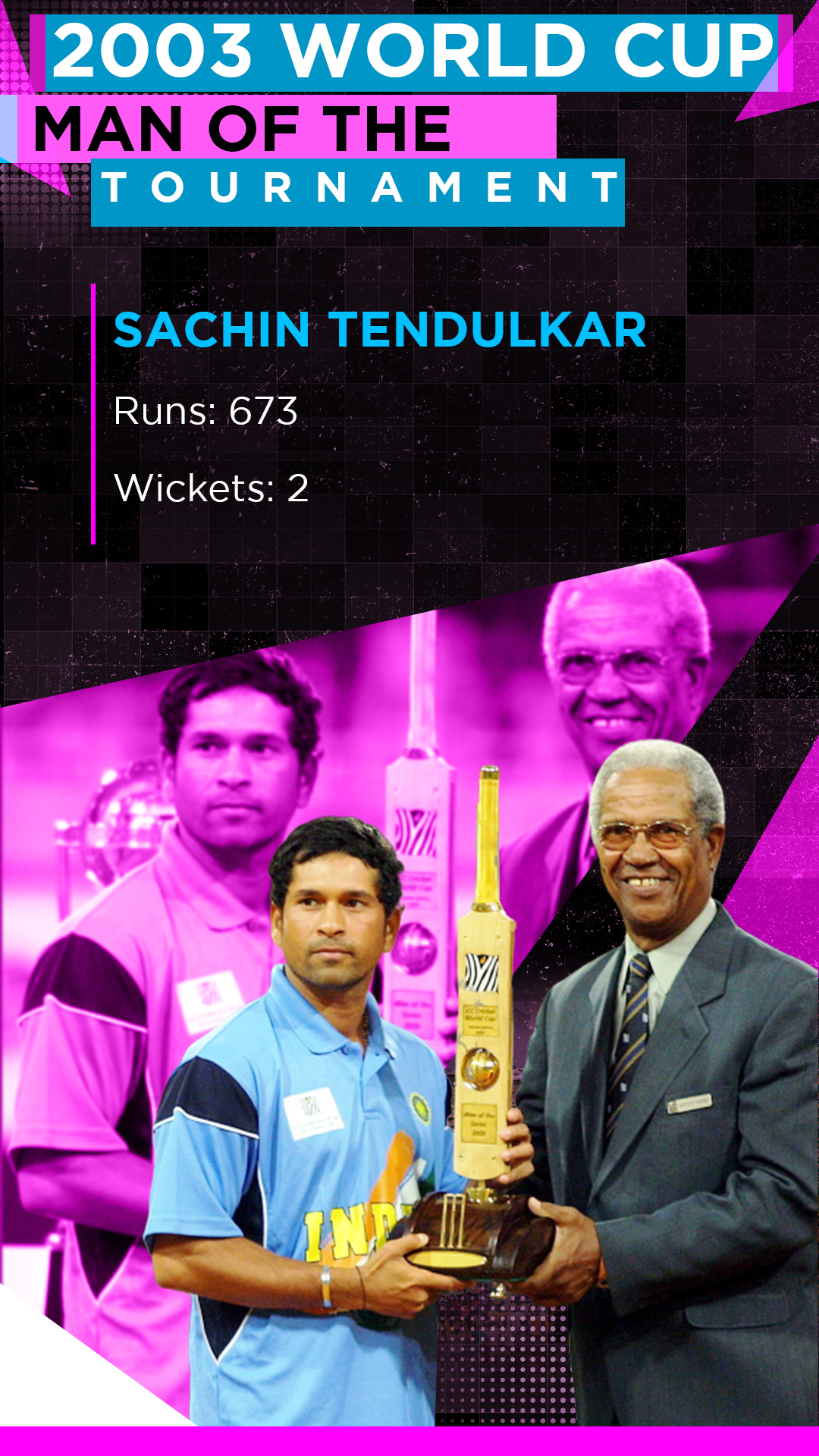 Sachin Tendulkar won Man of the Tournament award for scoring 673 runs and taking 2 wickets.