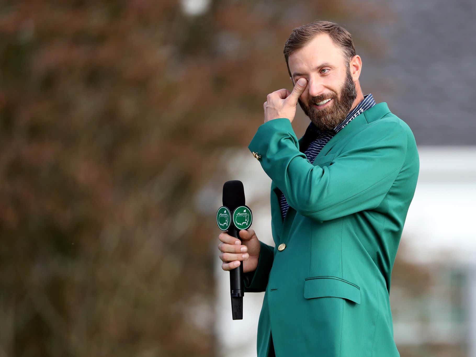 An emotional Dustin Johnson after winning the Augusta Masters.