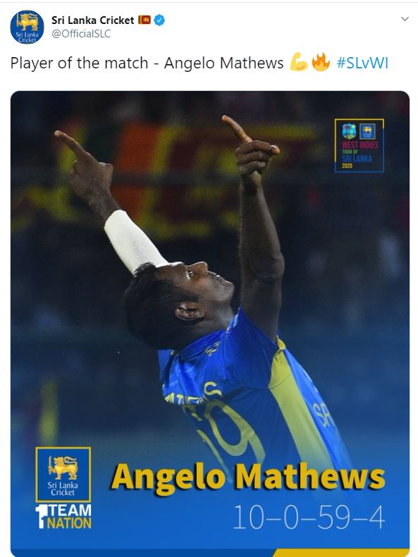 Angelo Mathews has been adjudged Man of the Match for his four-wicket haul in the 3rd ODI.