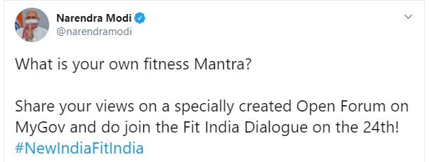 PM Narendra Modi tweets regarding the Fit India Movement.