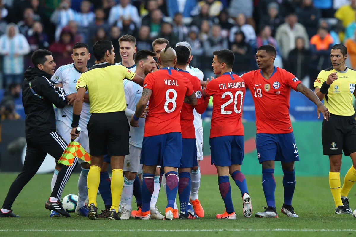 Messi sent off for Argentina against Chile.