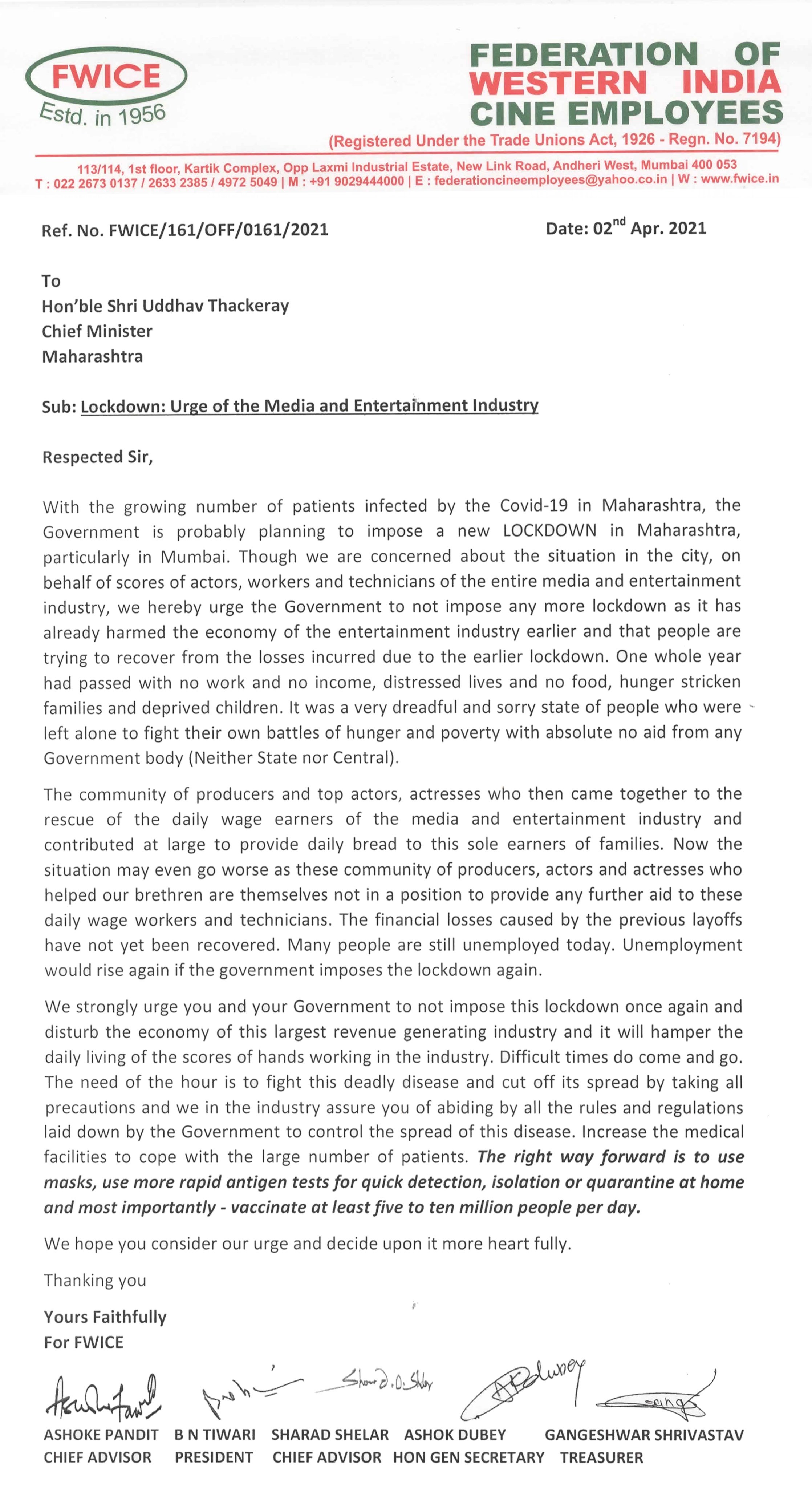 Letter from Federation of Western India Cine Employees