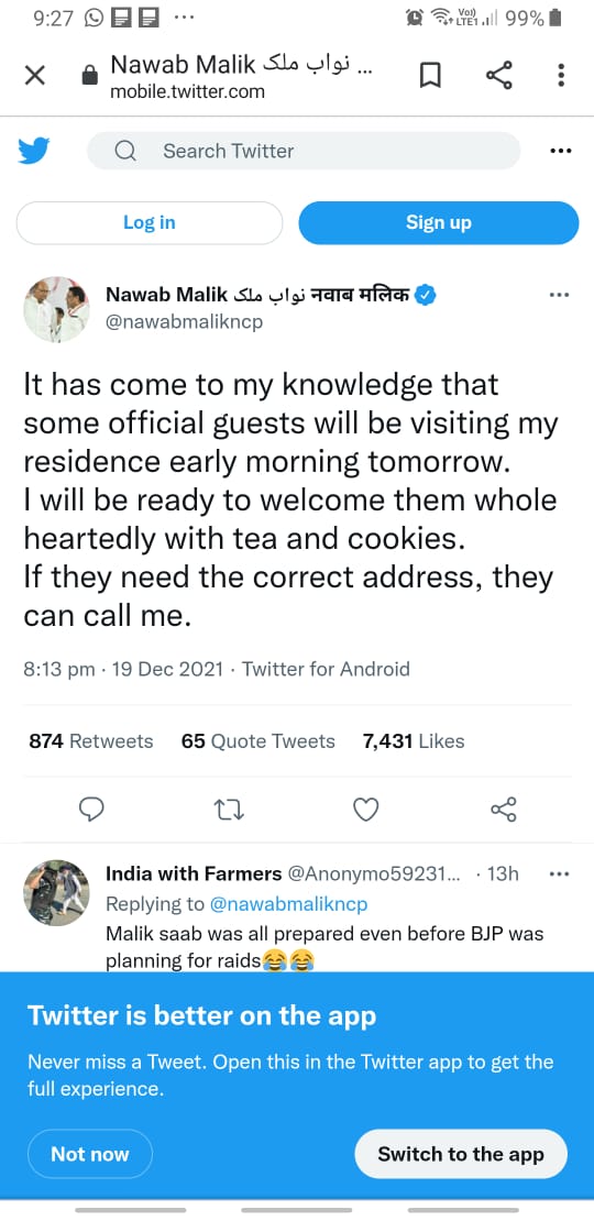 Will welcome 'guests' with tea, cookies: Nawab Malik takes to Twitter to hint at possible raids