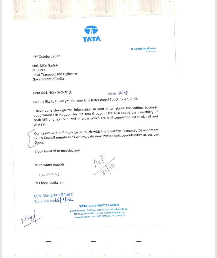 Tata Company letter to Nitin Gadkari