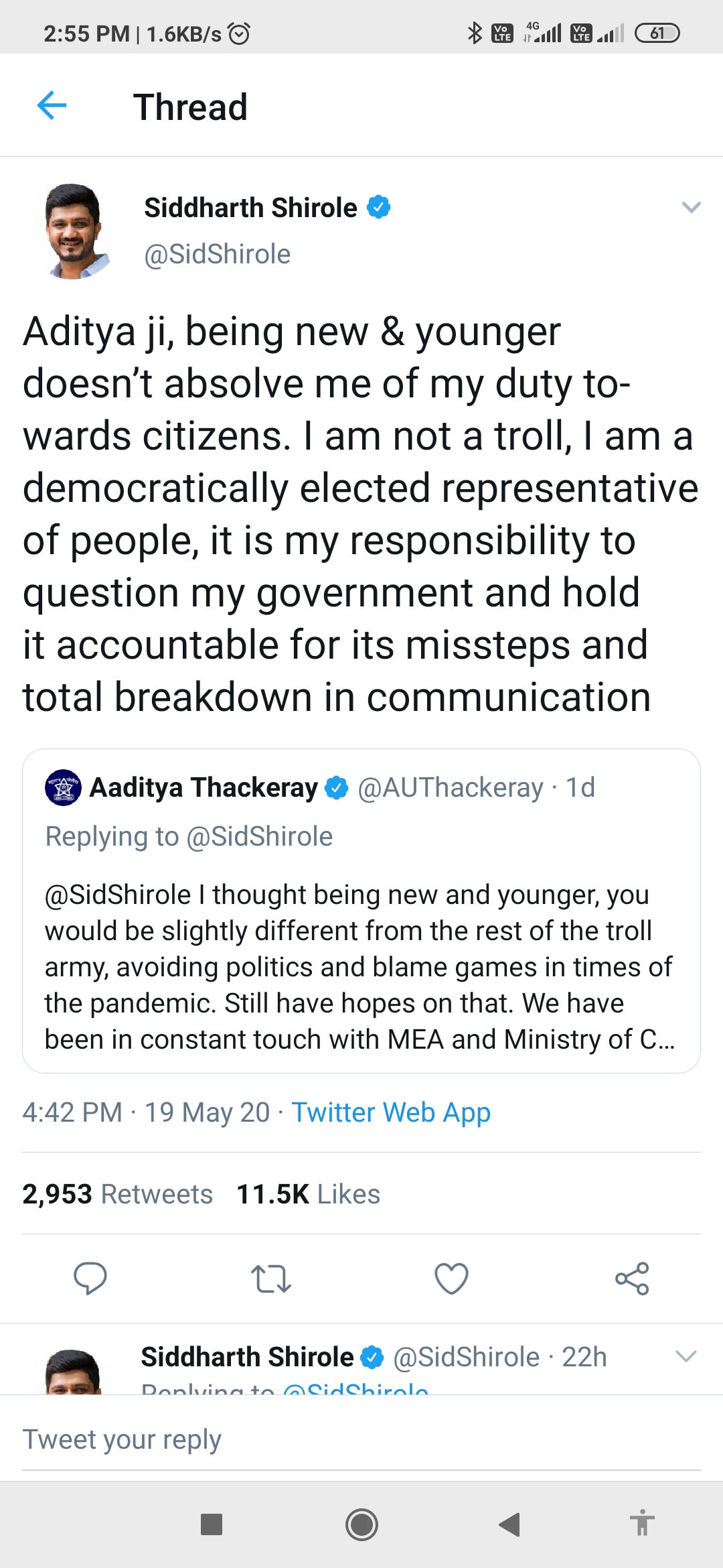 Twitter War between Siddharth Shirole and Aditya Thackeray