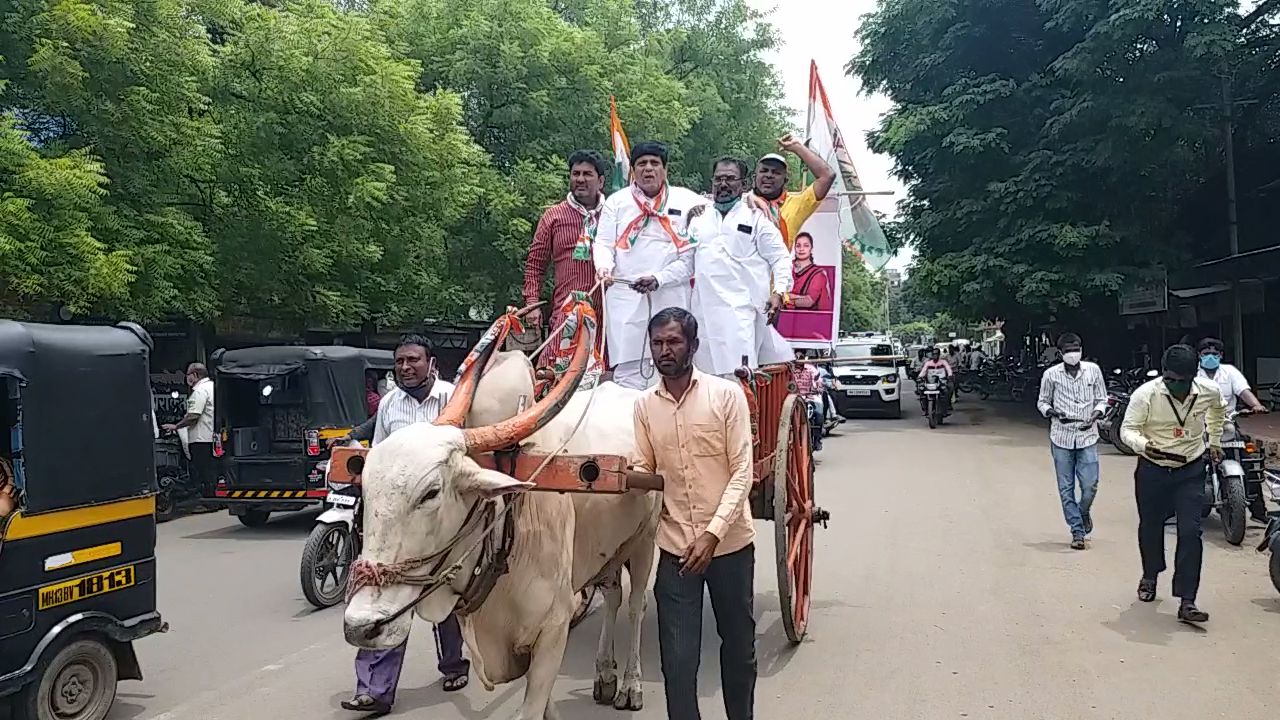 सोलापुरात काँग्रेसची बैलगाडी रॅली