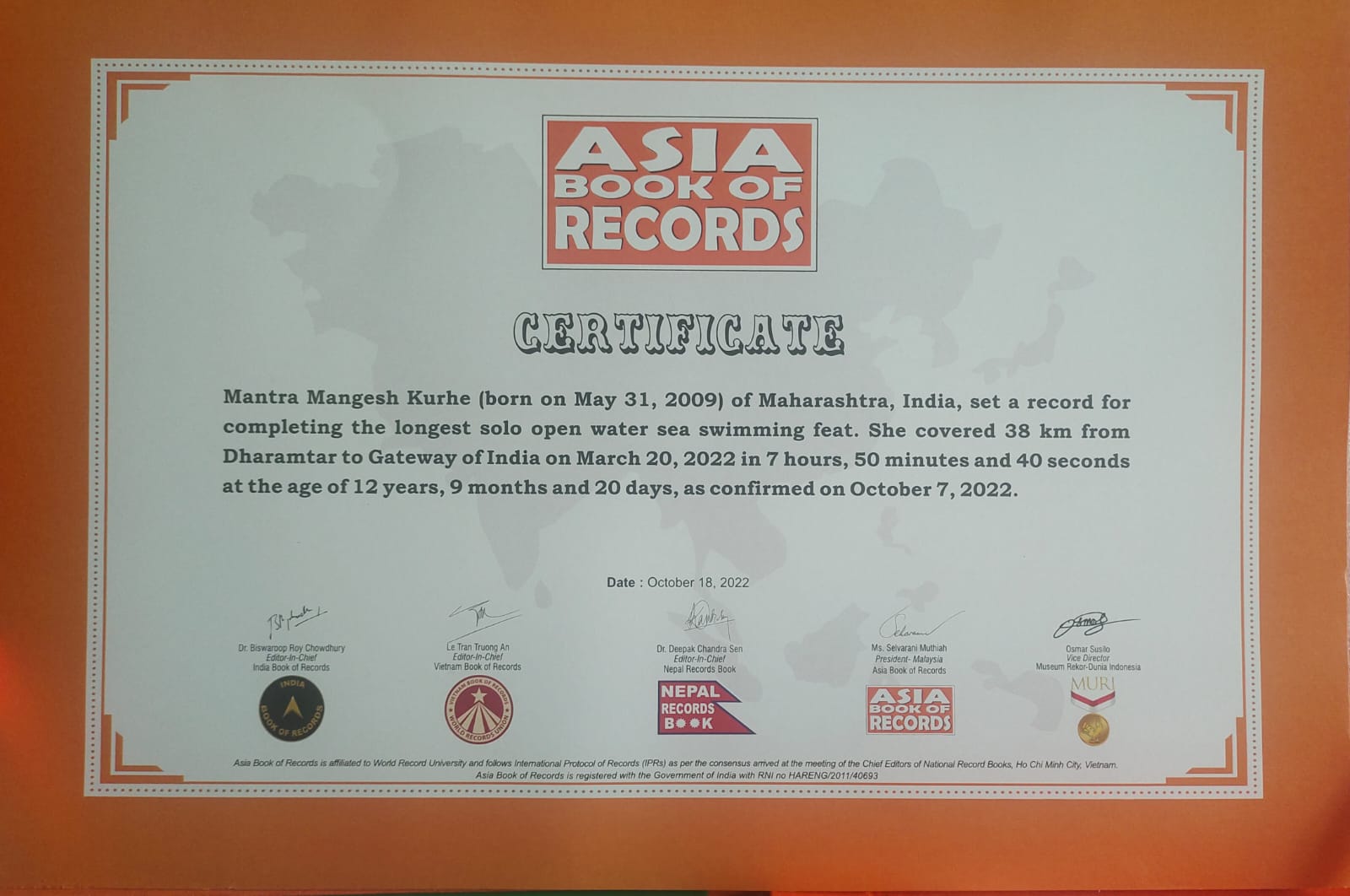 Mantra Kure's name in the Asia Book of Records