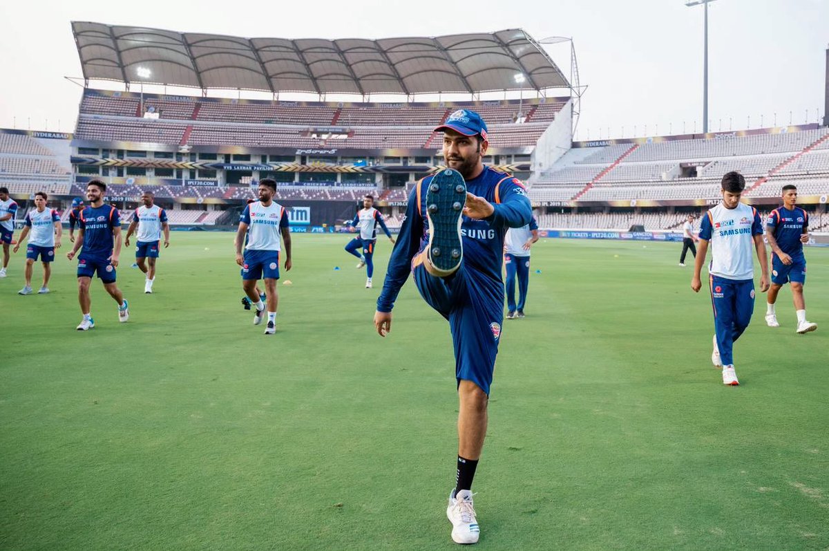 Mumbai Indians captain Rohit Sharma warms up at Uppal ahead of Sunday's IPL final.