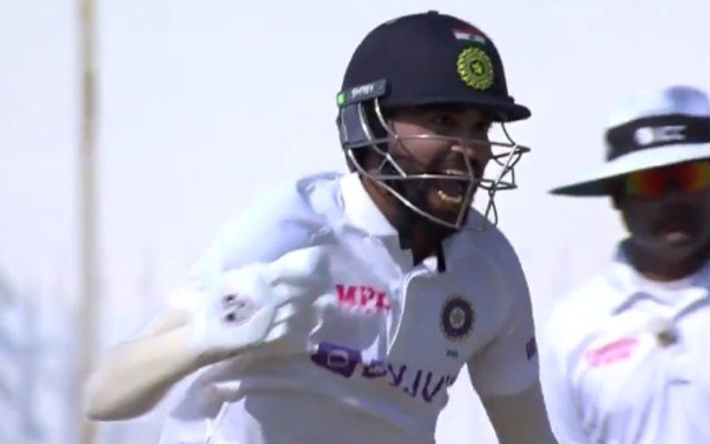 Mohammed Siraj celebrating as Ravichandran Ashwin smashes a ton in India's second innings of Chennai Test.