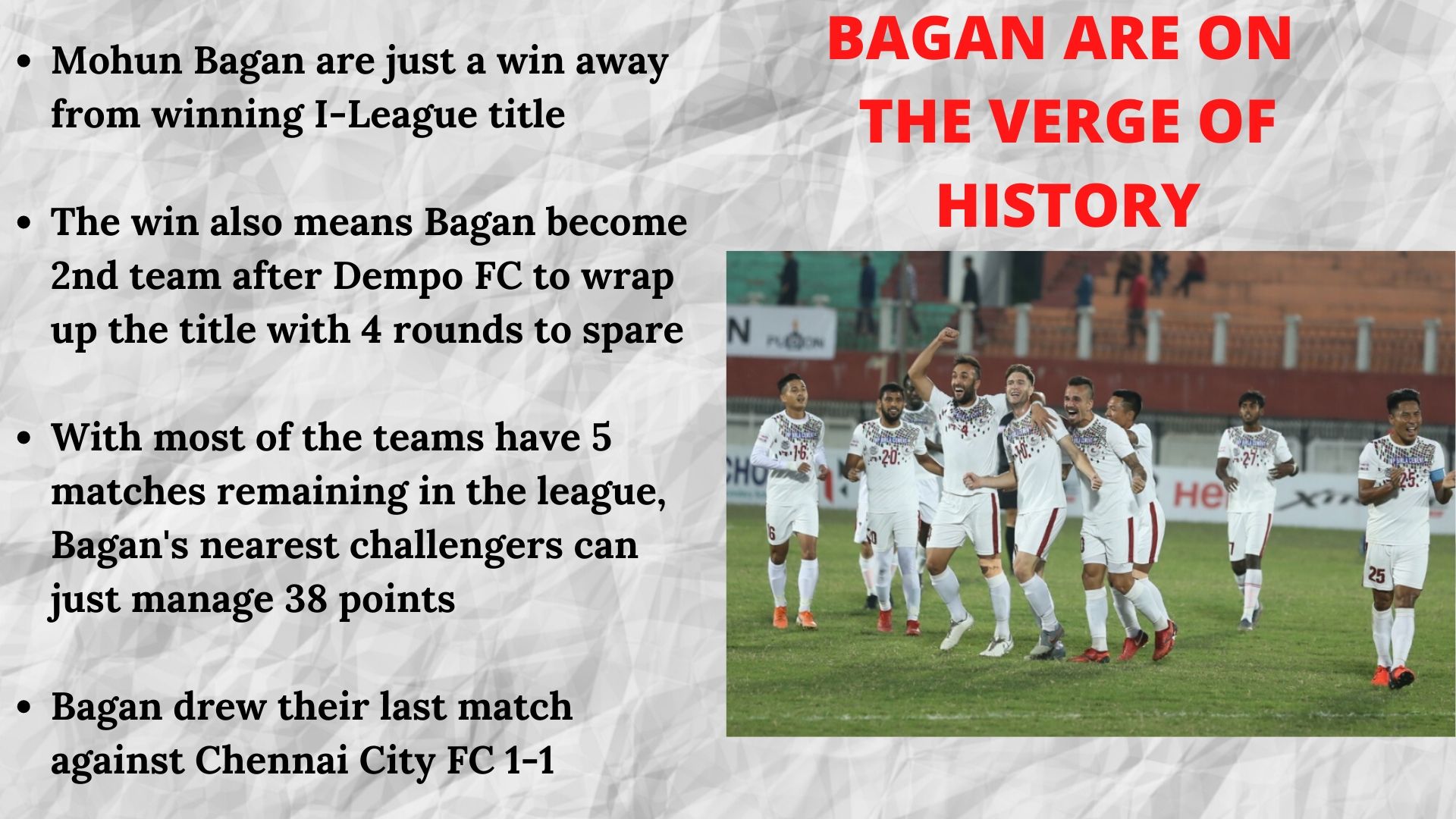 Mohun Bagan on the cusp of winning their second I-League title.