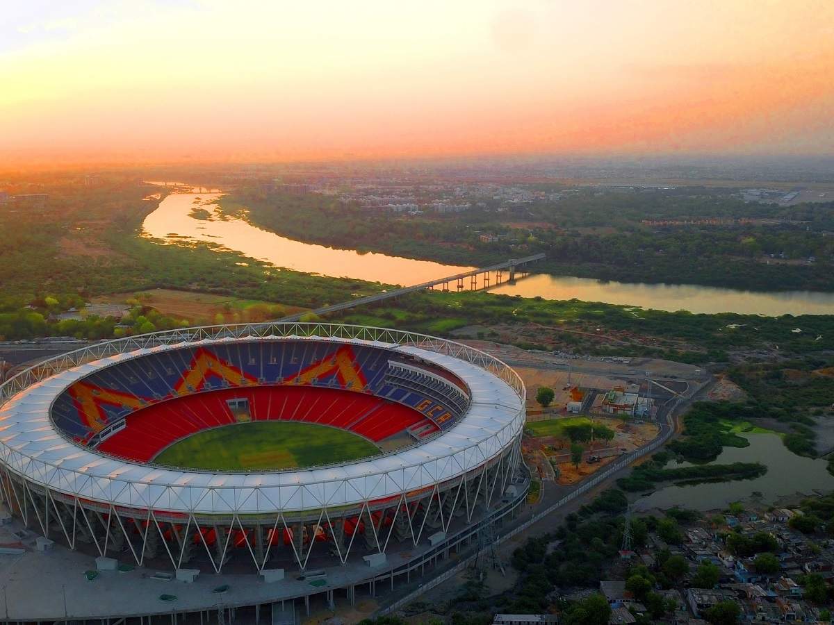 Bird eye view of Motera Stadium on the bank of Sabarmati river.