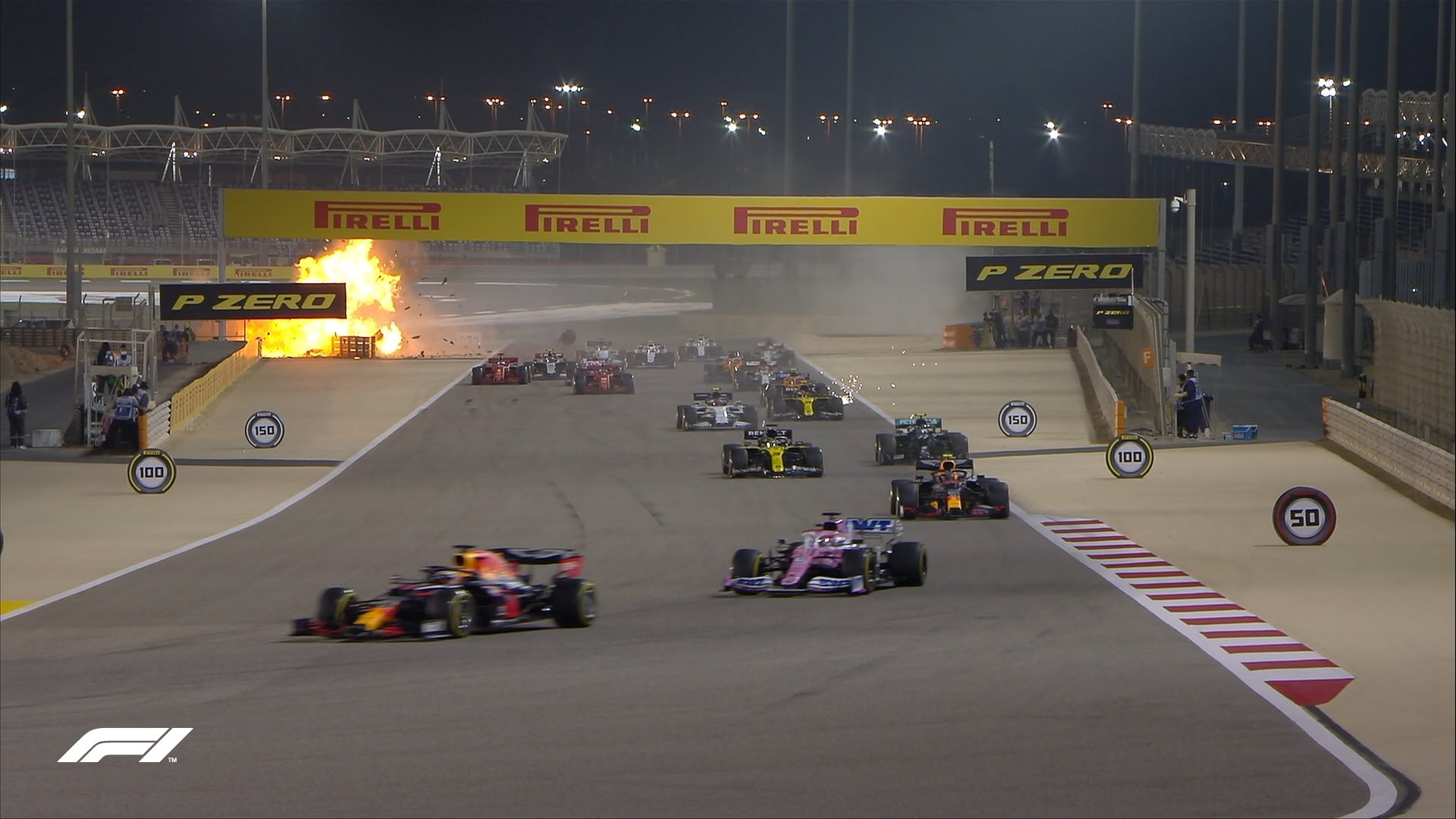 Roman Grosjean slid off the track on the first lap and his Haas car burst into flames after being sliced in two by a barrier.