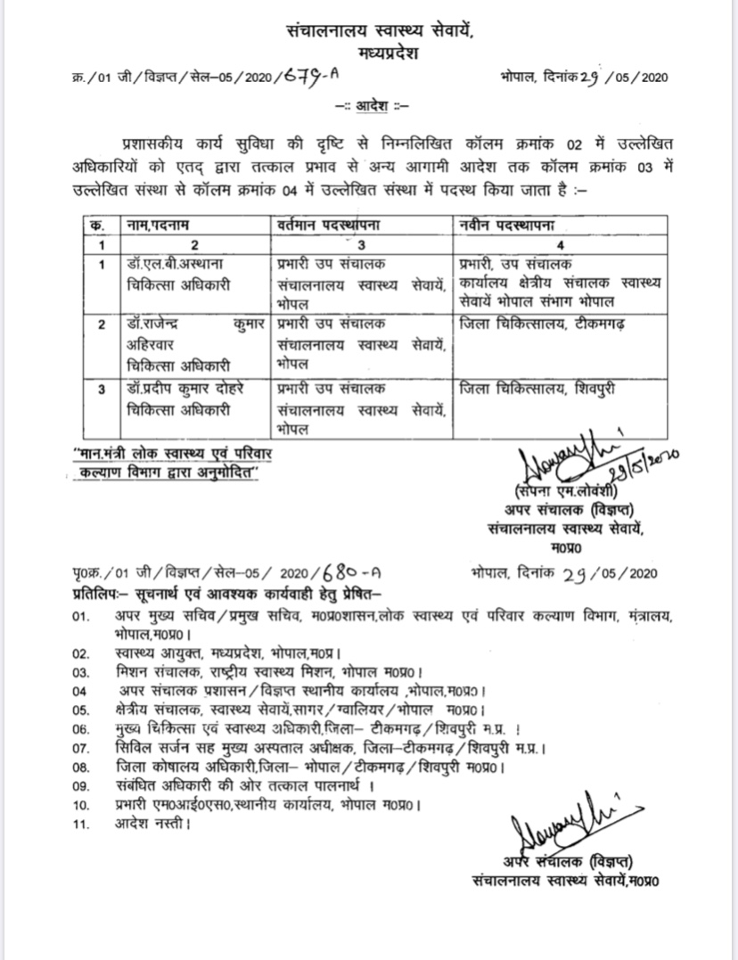 Transfer to Health Department between Corona era in bhopal