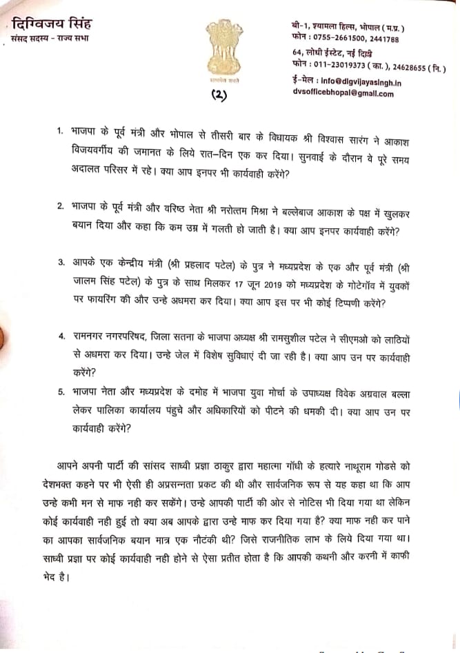 Digvijay Singh has written letter to PM Modi for action on BJP leader