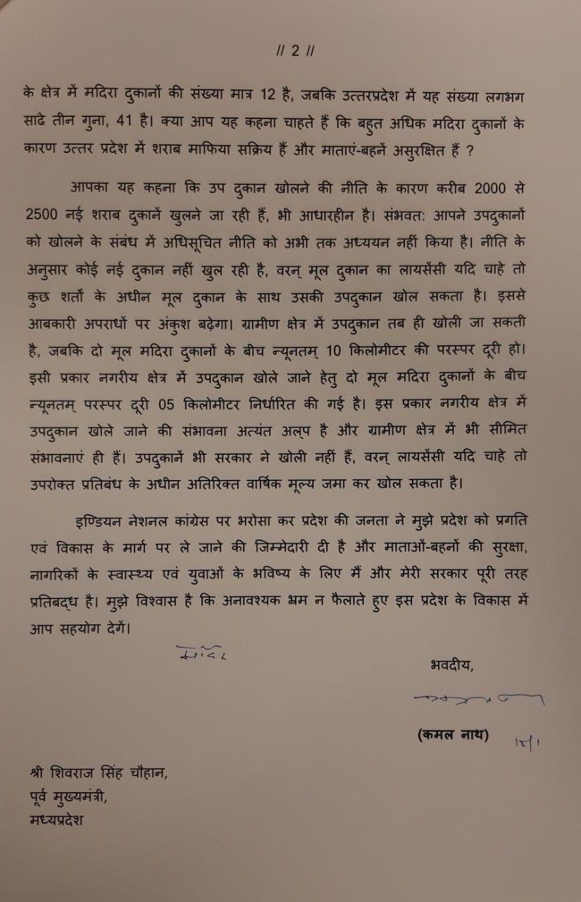 CM Kamanlath wrote a letter to Shivraj Singh Chauhan and responded to the alcohol policy