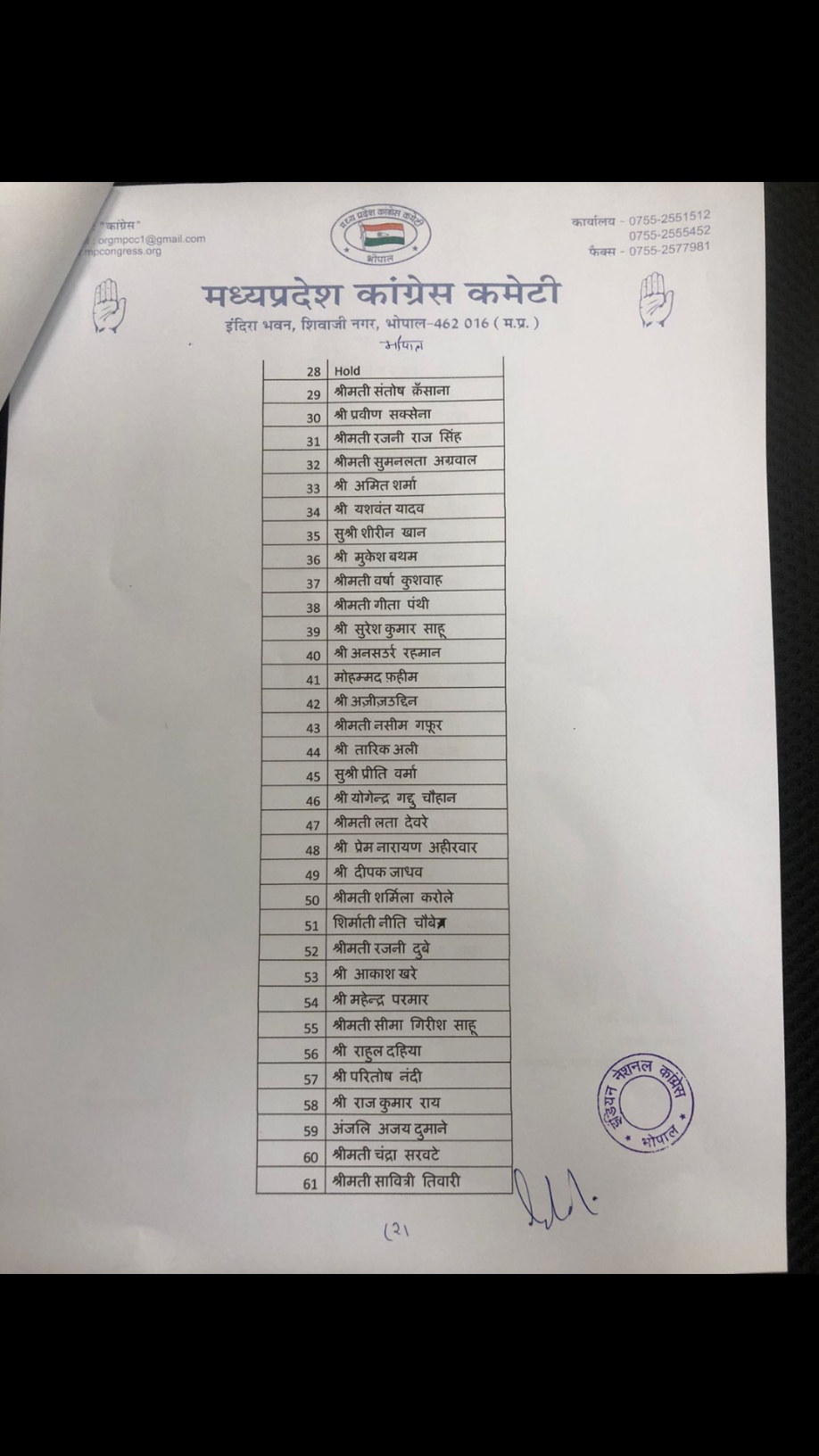 Congress List of Bhopal Municipal Corporation Councilor