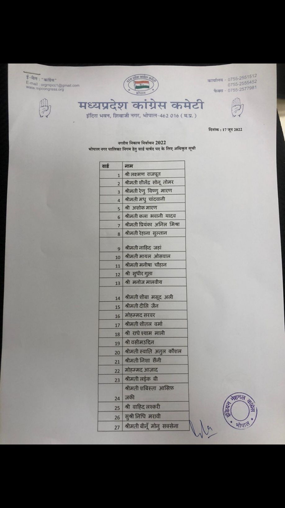 Congress List of Bhopal Municipal Corporation Councilor