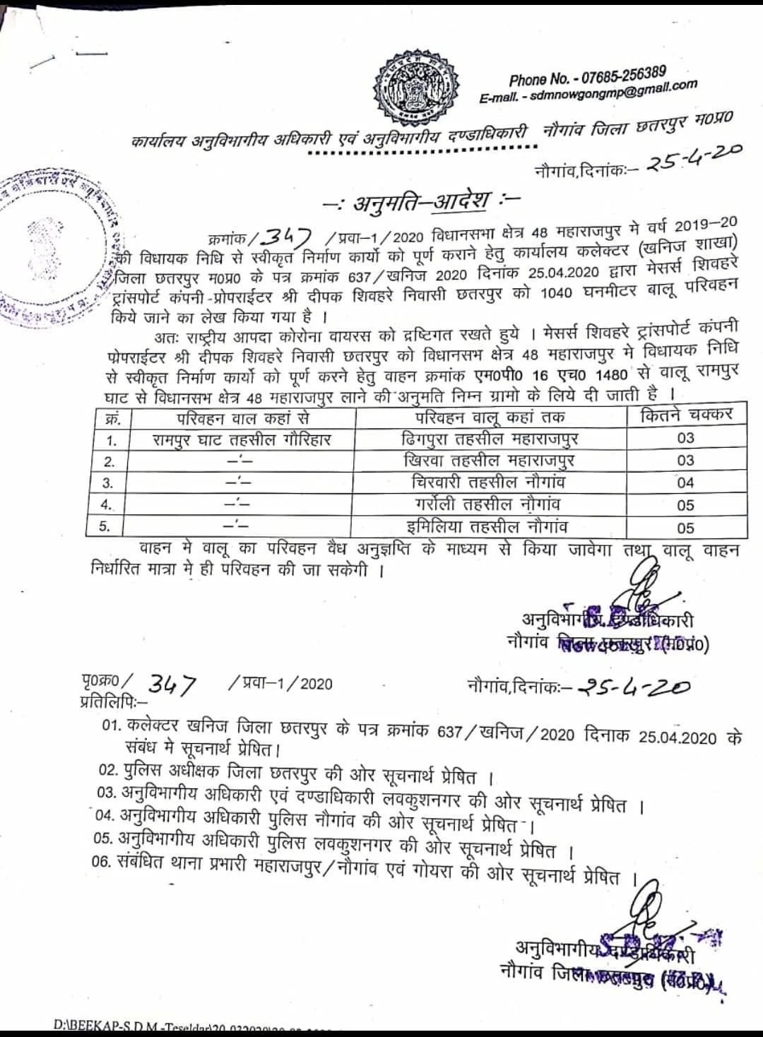 Chhatarpur SDM has ordered permission to excavate and transport sand