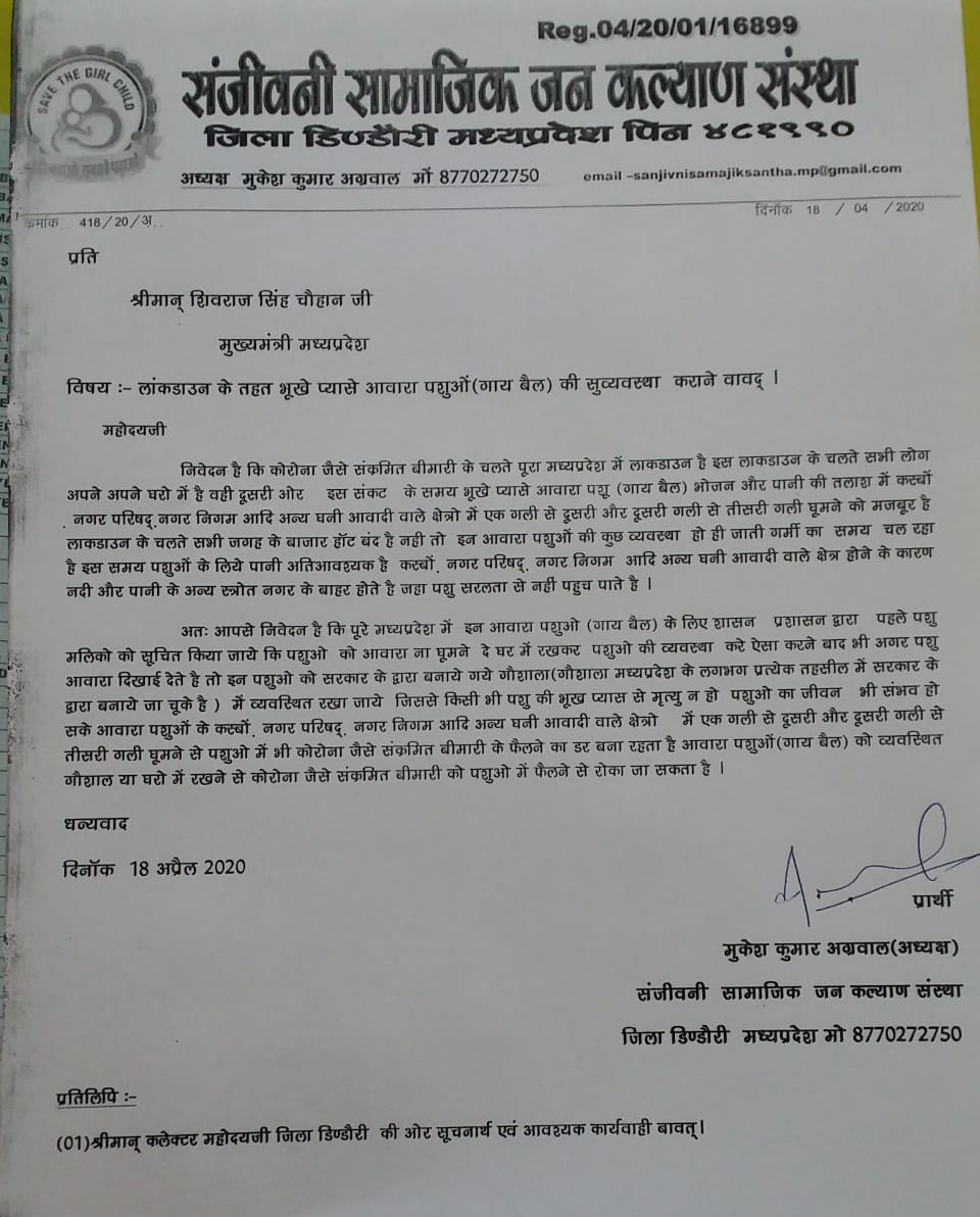 Letter to CM to ensure care of innocent animals