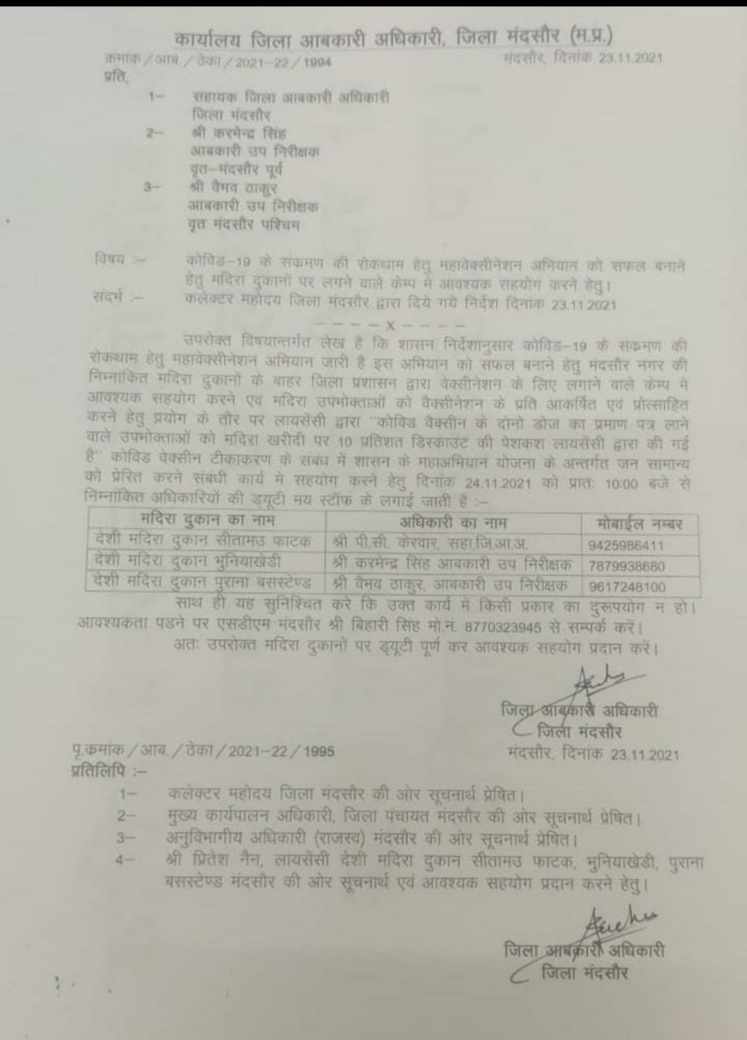 Mandsaur District Excise Officer Anil Sachan issued an order for exemption on purchase of liquor
