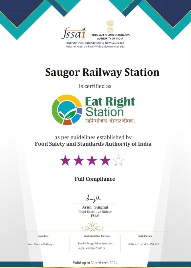 Sagar Railway Station get Eat Right Station certificate