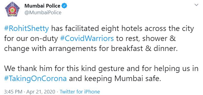 Rohit SHetty facilitated eight hotels across the city to Mmbai Police