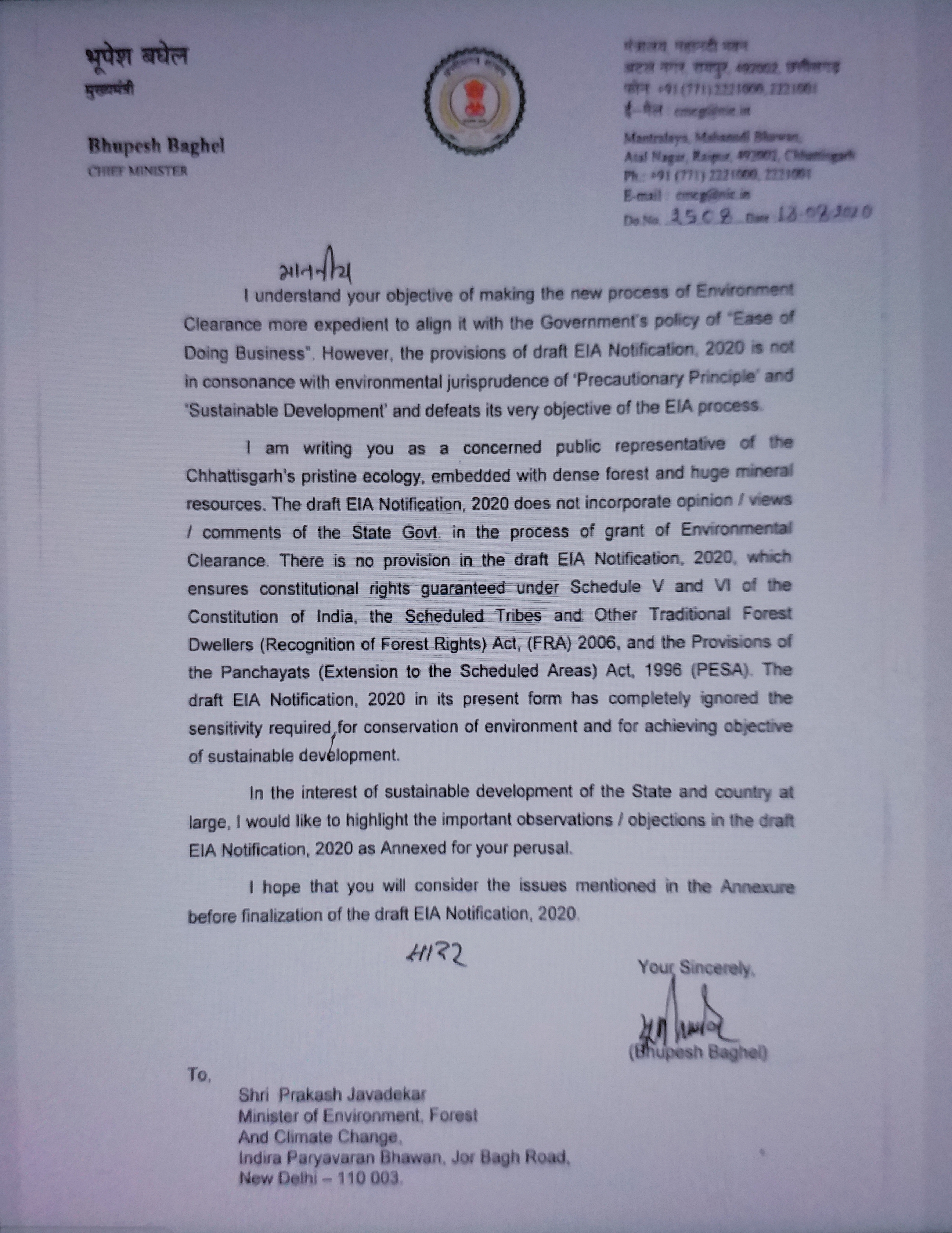 Chhattisgarh CM's letter to Prakash Javadekar