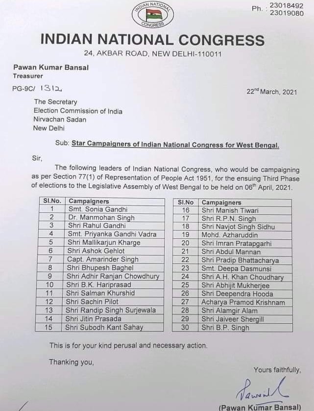 Star campaigners list of Bengal Congress