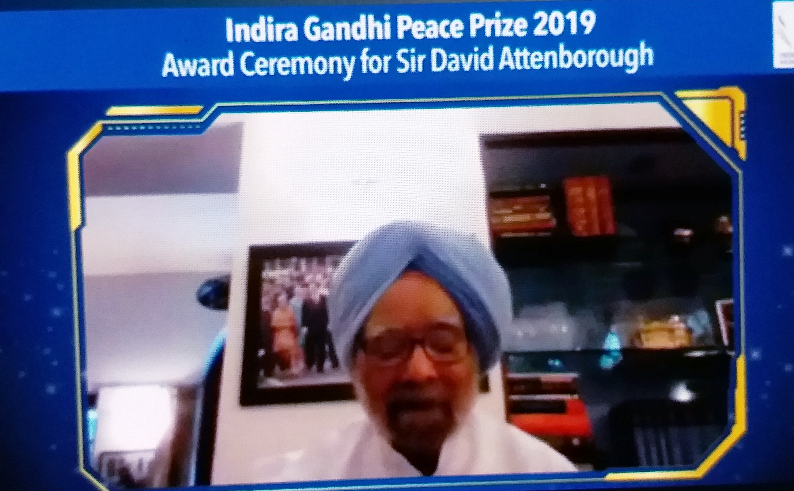 Former Prime Minister Manmohan Singh conferred the Indira Gandhi Peace Prize on British broadcaster David Attenborough