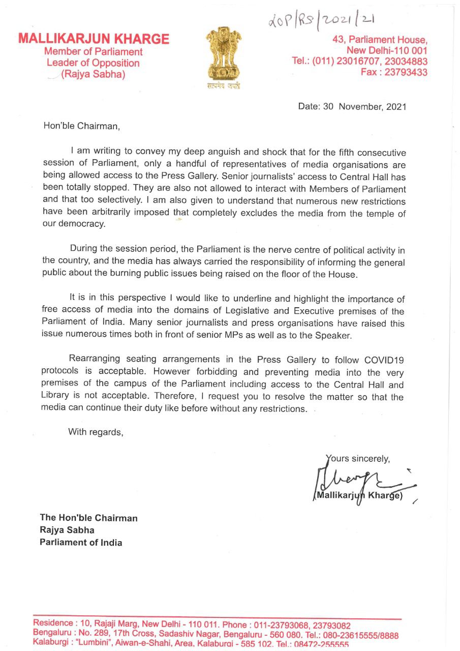 Kharge writes RS Chairman naidu