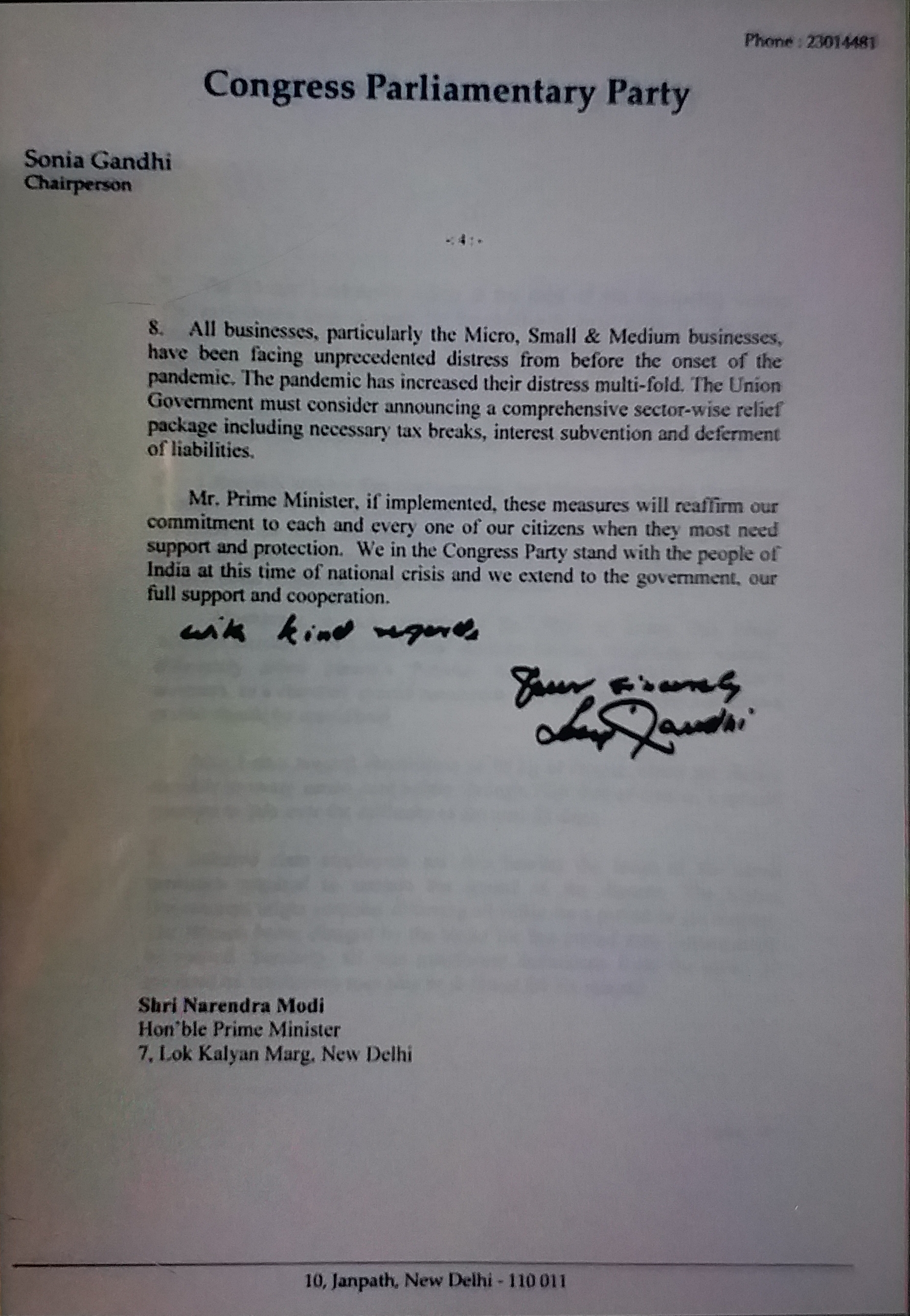 Sonia Gandhi's letter to PM Modi