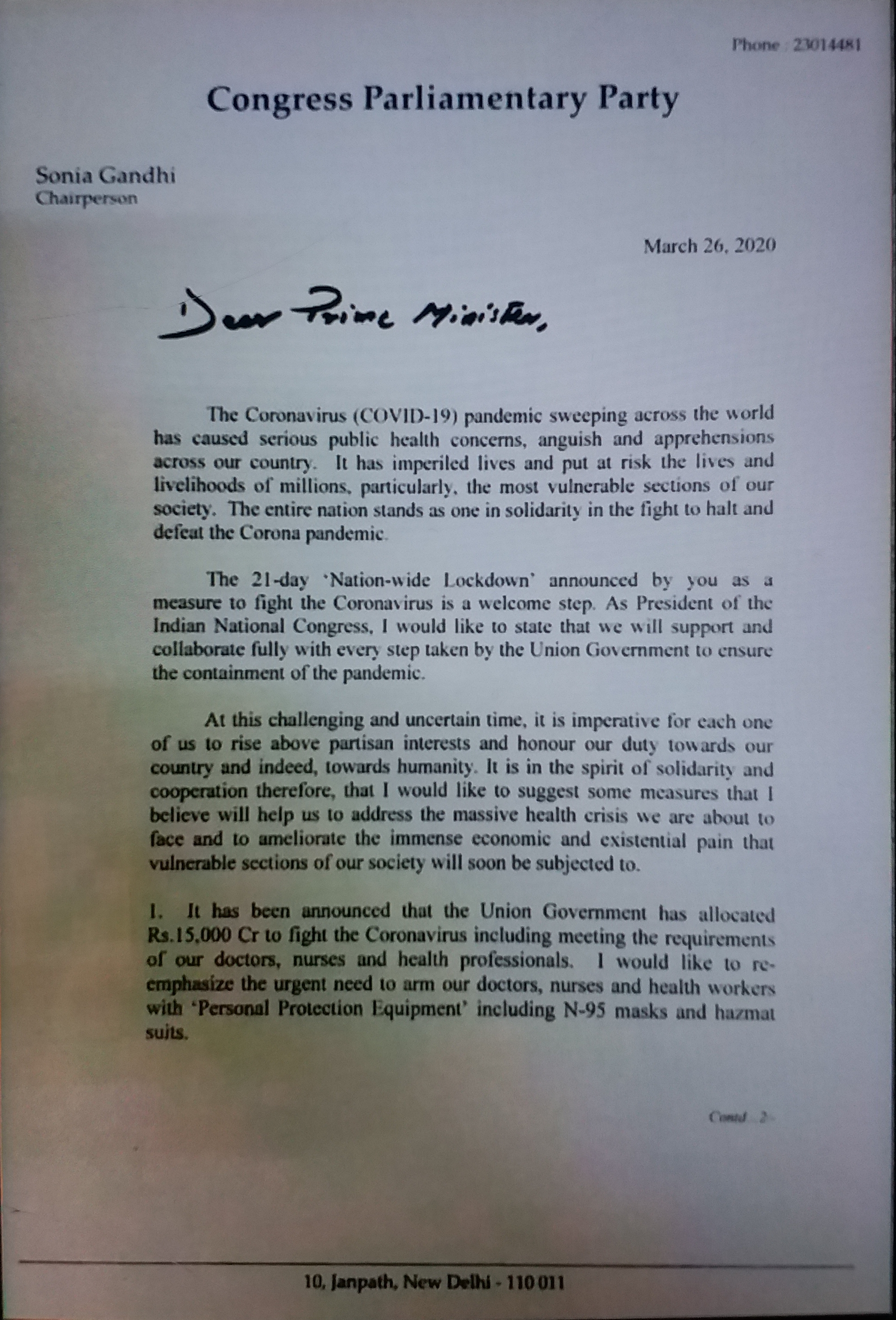 Sonia Gandhi's letter to PM Modi