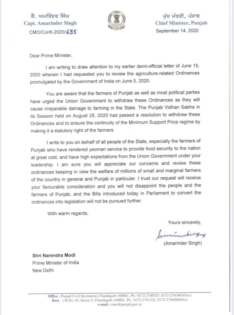 Amarinder Singh's letter