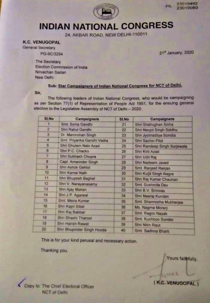 Congress' star campaigners list for Delhi