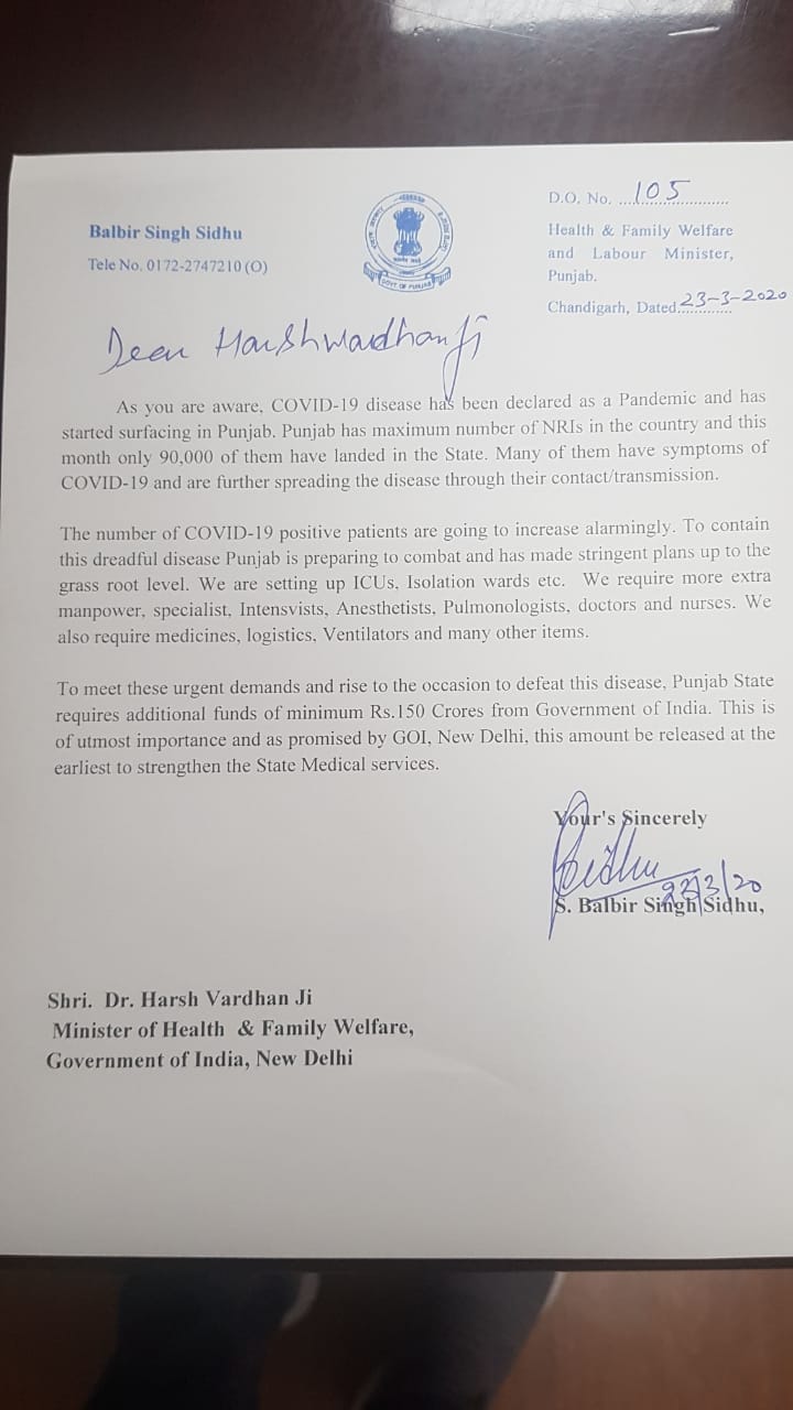 Letter to Union Health Minister