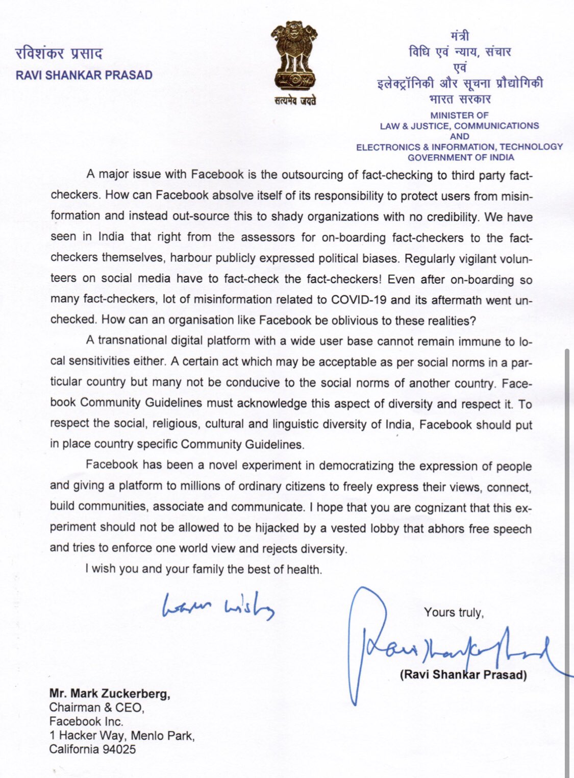 Prasad writes to Zuckerberg, says FB employees abusing PM, ministers