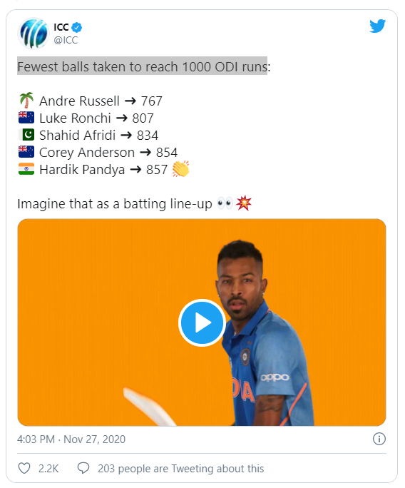 India batsman hardik pandya completes 1000 odi runs