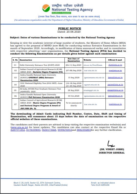 NTA releases Revised Exam Dates