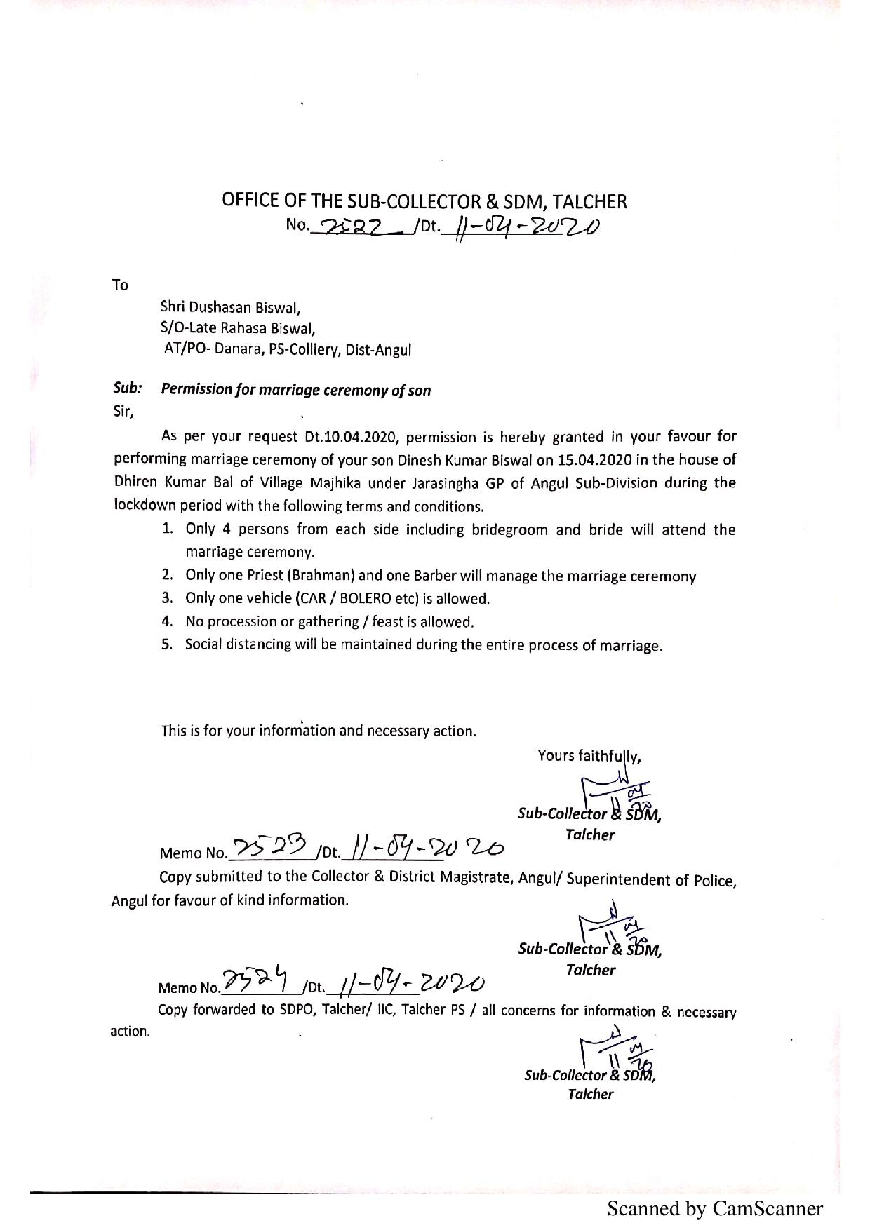 Marriage in Anugul with the permission of the sub-district magistrate