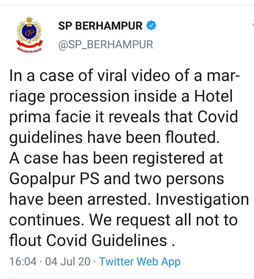 corona restriction violation in berhampur, marriage fucntion in gopalpur, five star hotel sealed in gopalpur, luxurious marriage amid lockdown, groom arrested after lockdown marriage, ganjam latest news, ବ୍ରହ୍ମପୁରରେ କୋରୋନା କଟକଣା ଅବମାନନା, ଗୋପାଳପୁରରେ ବିବାହ ଉତ୍ସବ, ଗୋପାଳପୁରରେ ପଞ୍ଚତାରକା ହୋଟେଲ ସିଲ୍‌, ଲକଡାଉନରେ ବିଳାସମୟ ବିବାହ, ଲକଡାଉନ ବିବାହ ପରେ ବର ଗିରଫ, ଗଞ୍ଜାମ ଲାଟେଷ୍ଟ ନ୍ୟୁଜ୍‌