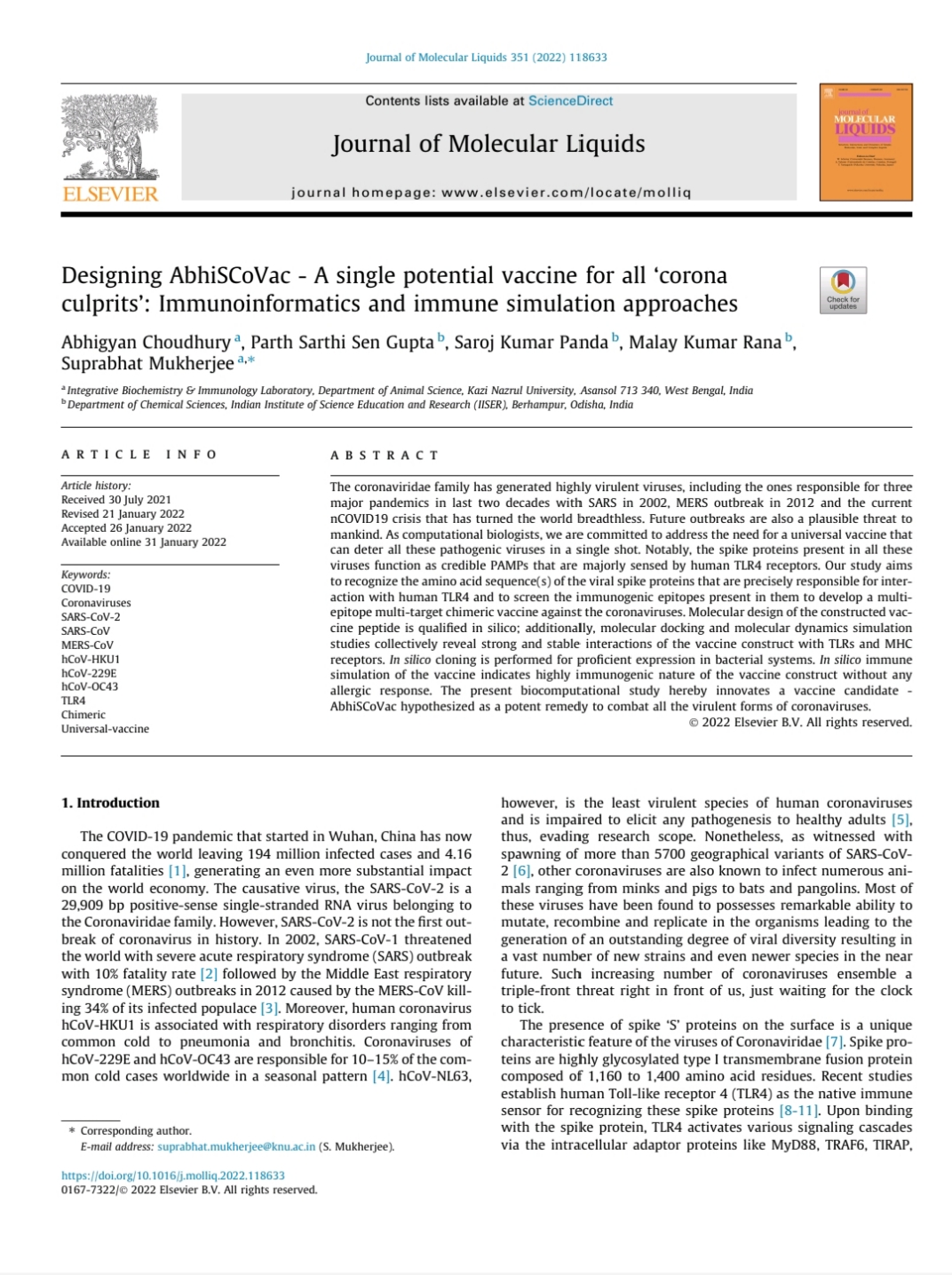 ଟିକା ସମ୍ପର୍କରେ ଆର୍ନ୍ତଜାତିକ ପତ୍ରିକା Journal Of Molecular liquids ରେ ପ୍ରକାଶିତ