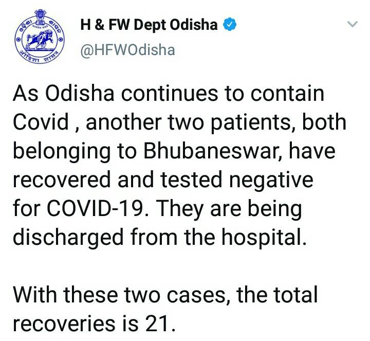 total 21 corona positive cured in Odisha